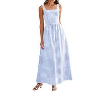 Vestido Largo de Verano para Mujer con Tirantes Finos a Cuadros, Estilo Bohemio Fluido con Fruncido, Color Azul Claro, Talla M