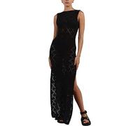 Vestido Largo de Verano para Mujer de Verano de Playa Vestido de Punto con Abertura de Crochet Sexy de Malla Calada Cuello Redondo Casual de Punto (Negro,L)