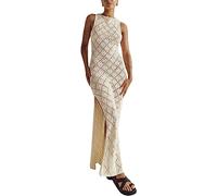 Vestido Largo de Verano para Mujer de Verano de Playa Vestido de Punto con Abertura de Crochet Sexy de Malla Calada Cuello Redondo Casual de Punto (Albaricoque,S)