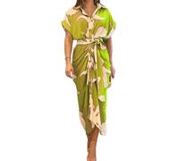 Vestido largo de verano para mujer, estilo bohemio, floral, con solapa, con botones, manga corta de murciélago, cinturón, fruncido, para vacaciones en la playa, amarillo, XL