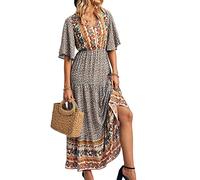 Vestido largo de verano para mujer, estilo étnico, estilo étnico, estilo bohemio floral, cuello en V, estilo bohemio, vestido largo con vuelo, amarillo, L