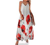 Vestido Largo de Verano para Mujer Flores Realistas Tirantes Playa Vestido Campo De Flores De Amapolas Maxi Vestidos Cuello en V Sin Mangas para Playa Fiesta Vacaciones