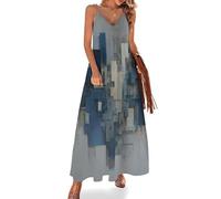 Vestido Largo de Verano para Mujer Geometría Abstracta Tirantes Playa Vestido Paisaje Urbano En Relieve 3D Maxi Vestidos Cuello en V Sin Mangas para Playa Fiesta Vacaciones