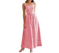 Vestido Largo de Verano para Mujer, Ideal para Vacaciones en la Playa, a Cuadros, con Cuello Cuadrado, sin Mangas, Tirantes Finos y Corte Fluido, Color Rojo, Talla pequeña.