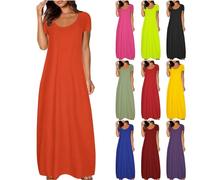 Vestido largo de verano para mujer, manga corta, vestidos camiseros para mujer, talla grande, color sólido, manga corta, vestido largo, casual, holgado, vestido tipo camiseta, vestidos con vuelo, Rojo