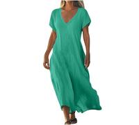 Vestido largo de verano para mujer - Robe Ete Femme Manches Courtes Vestidos Algodón Lino Elástico Vestido Cuello V Loose Vestidos Fresco Y Transpirable Vestido Sólido Casual Jupe Para Vacaciones En