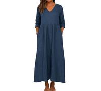 Vestido largo de verano para mujer - Robe Large Femme Col en V Vestidos Mangas Tres cuartos Color Sólido Vestidos Fresco Y Transpirable Vestido Tallas Grandes Loose Dress Ligero Casual Jupe Para