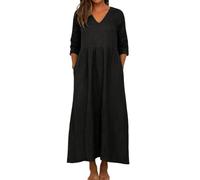 Vestido largo de verano para mujer - Robe Large Femme Col en V Vestidos Mangas Tres cuartos Color Sólido Vestidos Fresco Y Transpirable Vestido Tallas Grandes Loose Dress Ligero Casual Jupe Para