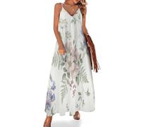 Vestido Largo de Verano Ramo De Vides Vintage Maxi Vestidos Sin Mangas y Cuello V Vestidos Tirantes Delgados Morado Claro Vestido de Playa Elegante para Fiesta y Vacaciones