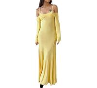 Vestido Largo Elegante, Cuello Inclinado Femenino, Vestido Largo con Hombros Descubiertos, Vestido Casual de Manga Larga con Volantes de Color Liso para Mujer-Amarillo-M