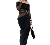 Vestido Largo Elegante De Malla con Retales para Mujer, Vestido Sexy Transparente con Hombros Descubiertos, Vestido De Fiesta Ajustado, Moda De Otoño, Vestido De Vacaciones De Manga Larga,Negro,S