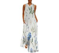 Vestido Largo Elegante sin Mangas para Mujer Hojas De Eucalipto Margaritas Vestido Maxi de Verano para Fiesta y Playa Informal con Cuello en V y Bolsillos Plantas De Acuarela Talla Grande