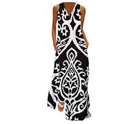 Vestido Largo Elegantes Sin Mangas para Mujer, VEMOW Fiesta de Verano Vestidos Maxi Partido Playa de Informal Sueltos Falda con Cuello en V y Bolsillos Estampado de Moda Retro Talla Grande(C Blanco,S)