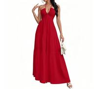 Vestido largo escalonado con cuello halter para mujer, escote en V profundo, espalda descubierta, vestido de verano, playa, vacaciones, rosso, L