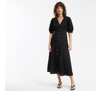 Vestido largo, escote en pico, mangas al codo Mujer Talla S. Color Negro