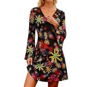 Vestido largo estilo hippie con estampado floral retro de los años 70, estilo bohemio, manga larga, elegante, para cosplay, tejido suave y fluido, Negro , 3XL