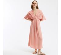 Vestido largo evasé, escote en pico, mangas hasta el codo Mujer Talla 38. Color Rosa
