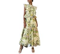 Vestido largo floral para mujer, volantes, sin mangas, cuello redondo, acampanado, espalda abierta, verano, bohemio, fluido, vestido de verano, fiesta, cóctel, graduación, boda, invitada, playa,