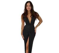 Vestido Largo Fruncido A La Moda De Verano, Vestido Maxi De Fiesta Ajustado con Escote En V Y Escote En V Sin Espalda Sexy para Mujer,Negro,S