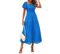 Vestido Largo Fruncido para Mujer, Manga Corta abullonada, Ideal para Vacaciones, Color Azul, Talla M.
