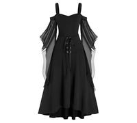 Vestido largo gótico para mujer, negro, vestido medieval para mujer, mangas trompetas, renacimiento, vintage, vestido brujo, vampiro, volantes, vestido plisado, vestido plisado, Halloween, carnaval