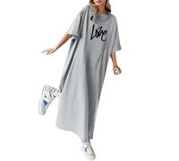 Vestido Largo Holgado Casual Veraniego de Mujer con Estampado Floral Manga Corta Cuello Tela Ligera Transpirable Elegante Moderno Playa Vacaciones Paseo Regalo (Grey, XL)