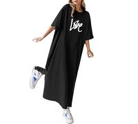 Vestido Largo Holgado Casual Veraniego de Mujer con Estampado Floral Manga Corta Cuello Tela Ligera Transpirable Elegante Moderno Playa Vacaciones Paseo Regalo (Black, L)