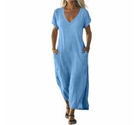 Vestido largo informal para mujer con cuello en V y bolsillos, aspecto de lino, vestido de manga corta, informal, vestido largo para el hogar, ciudad y viajes, regalos para mujeres, azul celeste, XXL