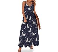 Vestido Largo Informal sin Mangas Estilo Boho con Lindos Gatitos Naranjas y Negros de White Wolf & Moon para Mujer. Vestido Hawaiano de Tirantes Finos.