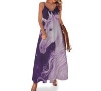 Vestido Largo Informal sin Mangas Estilo Boho Hawaiano con Tirantes Finos y Estampado de Unicornios galácticos místicos en Naranja y Negro.