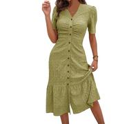 Vestido largo liso 2025 para mujer, con cuello en V, con botones, fruncido, con volantes, acampanado, para la playa, Amarillo, XXL