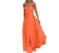 Vestido largo maxi con cuello halter y plisado para mujer, sin mangas con cintura recortada y fluido en forma de A, vestido formal largo de noche, elegante vestido sin espalda para cóctel, fiesta