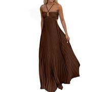 Vestido largo maxi con cuello halter y plisado para mujer, sin mangas con cintura recortada y fluido en forma de A, vestido formal largo de noche, elegante vestido sin espalda para cóctel, fiesta