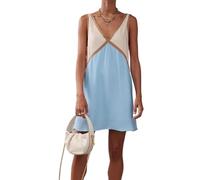 Vestido Largo Maxi de Raso en Bloques de Color para Mujer - Vestido Largo Patchwork sin Mangas con Escote V, Vestido de Verano Fluido Casual para Playa y Fiestas(Blue,M)