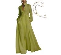 Vestido largo minimalista de algodón y lino para mujer, cuello alto, manga larga, color liso, vestido camisero casual, verde, S