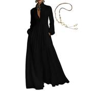 Vestido largo minimalista de algodón y lino para mujer, cuello alto, manga larga, color liso, vestido camisero casual, Negro, S