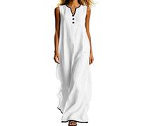 Vestido Largo Mujer,Algodón y Lino Vestidos Verano Sin Mangas de Cuello en V con Botones Fresco Ligero Elegante Vestido Recto con Bolsillos Casual Sólido Maxi Vestido Playa Vacaciones Diario
