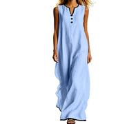 Vestido Largo Mujer,Algodón y Lino Vestidos Verano Sin Mangas de Cuello en V con Botones Fresco Ligero Elegante Vestido Recto con Bolsillos Casual Sólido Maxi Vestido Playa Vacaciones Diario