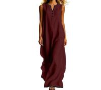 Vestido Largo Mujer,Algodón y Lino Vestidos Verano Sin Mangas de Cuello en V con Botones Fresco Ligero Elegante Vestido Recto con Bolsillos Casual Sólido Maxi Vestido Playa Vacaciones Diario