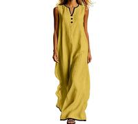 Vestido Largo Mujer,Algodón y Lino Vestidos Verano Sin Mangas de Cuello en V con Botones Fresco Ligero Elegante Vestido Recto con Bolsillos Casual Sólido Maxi Vestido Playa Vacaciones Diario