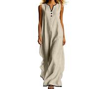 Vestido Largo Mujer,Algodón y Lino Vestidos Verano Sin Mangas de Cuello en V con Botones Fresco Ligero Elegante Vestido Recto con Bolsillos Casual Sólido Maxi Vestido Playa Vacaciones Diario