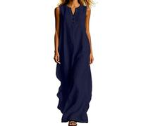 Vestido Largo Mujer,Algodón y Lino Vestidos Verano Sin Mangas de Cuello en V con Botones Fresco Ligero Elegante Vestido Recto con Bolsillos Casual Sólido Maxi Vestido Playa Vacaciones Diario