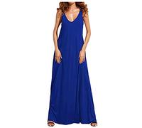 Vestido Largo Mujer Bohemio Verano Últimas Playa Fiesta Color Sólido sin Mangas con Tirantes Cuello en V Suelto Elegante Maxi Vestidos Sexy Chic Noche Informal con Botones Talla Grande(B Azul,M)