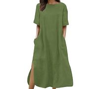 Vestido Largo Mujer Casual Cuello Redondo Línea Recta Corte Elegante Sólido Ranura Bajo Dobladillo Vestido de Todos Los Días Confidencial, ejército verde, M
