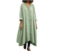 Vestido Largo Mujer Cuello V, Vestidos Mujer Lino Algodón Color Sólido Maxi Vestido de Camisa Manga Larga Elegante Suelto Vestidos de Playa Vacaciones