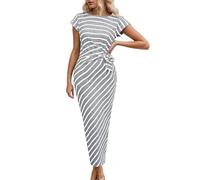 Vestido Largo Mujer Elegante Manga Corta Cuello Redondo A Rayas con Cinturón Atado Vestido De Verano Femenino para Lucir Silueta Muy Bonita Y con Mucho Estilo