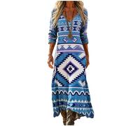 Vestido Largo Mujer Estilo Boho con Estampado Étnico Geométrico, Cuello en V Manga Larga de Lino y Algodón, Vestido Playero Casual Elegante para Diario y Viajes, Ropa Suave Holgada Vintage