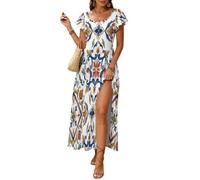 Vestido Largo Mujer Estilo Clásico Europeo Vestidos Verano Manga Volantes Vestido A-Line Cintura Alta Patrón De Volutas De Granada Maxi Vestido con Abertura Lateral para Fiesta en la Playa