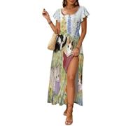 Vestido Largo Mujer Libro De Gatos Vestido Verano Manga Volante Jardín De Dibujos Animados Curativo Vestidos de Playa Dividido Cintura Alta para Fiesta en la Playa