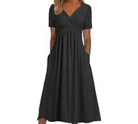 Vestido Largo Mujer Manga Corta Vestido De Gran Tamaño Escote en V Plisado Cruzado Frente Decontratado Colores Puros con Bolsillos Cómodo Simple Suelto Elegantes Verano Fluido Streetwear Dress